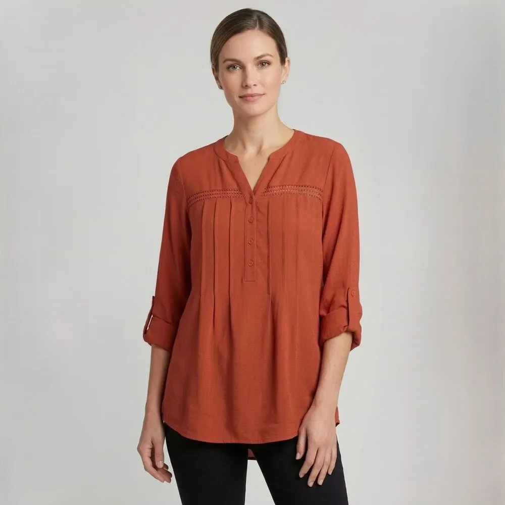BYdesign Tunic Top Womens Large Orange Crochet Tab Sleeve Button Front Boho - Picture 1 of 13